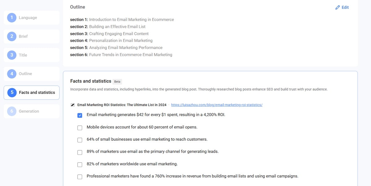 Anyword's interface for AI outline generation